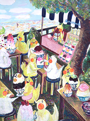 オカメインコのかき氷屋さんのアクリルイラスト