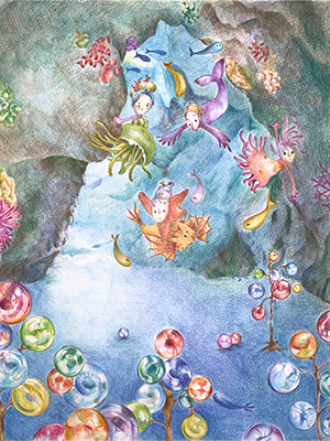 宝石を見つけた魚達の色鉛筆イラスト