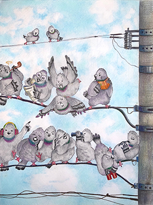電柱に止まるたくさんの鳩の色鉛筆イラスト