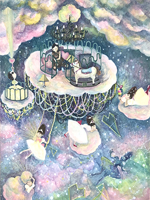 雲の世界にいる女の子を描いたユメカワ系の水彩イラスト