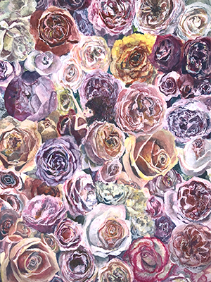 バラの花に埋もれる女の子の水彩イラスト