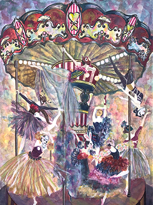 メリーゴーランドの中で踊るバレリーナの水彩イラスト