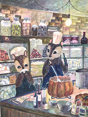 見習いリスが料理の勉強をしている水彩イラスト