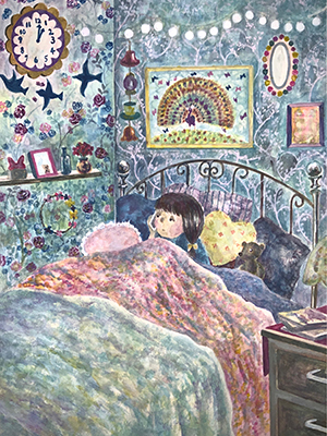 ベッドに入って電話をしている女の子の水彩イラスト