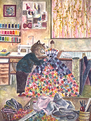 服飾専門学校の課題制作をしている猫の水彩イラスト