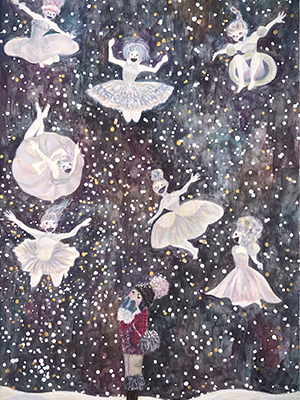 雪の妖精と出会った女の子の水彩イラスト