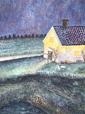 クリスマスを楽しむ鴨の親子の水彩イラスト