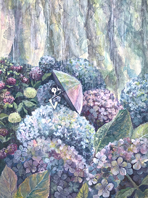 雨の日の紫陽花の水彩イラスト