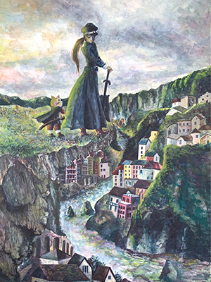 夕日の中に佇む猫と戦士の水彩イラスト