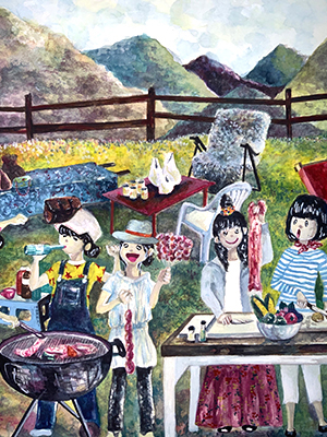 女の子たちがバーベキューをしている水彩イラスト